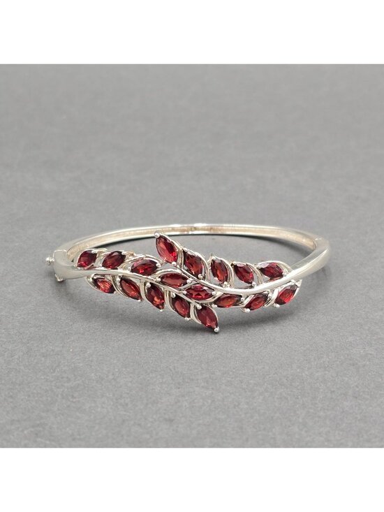 Unknown Jewelry - Sterling Silver Garnet Marquise Hinged Bangle Bracelet 7.25" Vintage Style 925
